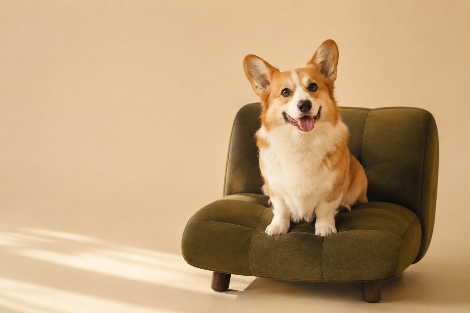 A cheerful Pembroke Welsh corgi sitting proudly on an olive green chair